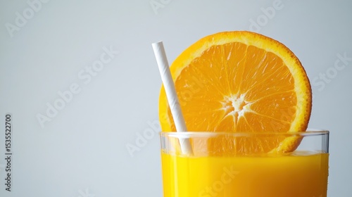 Refreshing orange juice with a straw and an orange slice on top in a glass