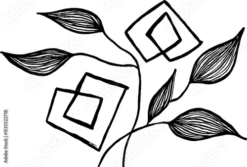 Abstract line art of rotating squares with growing leaves for modern decor