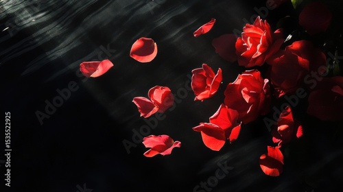 Dramatic red rose petals scattered across a dark and mysterious background
