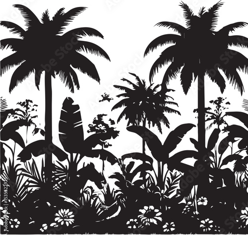 colorful tropical vintage botanical palm trees, banana tree, plants seamless border white background. Blue jungle mural. silhouette Vector illustration