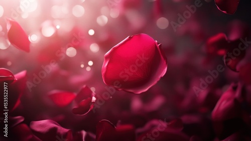 Romantic Red Rose Petals Falling Background with Bokeh Lights and Soft Focus