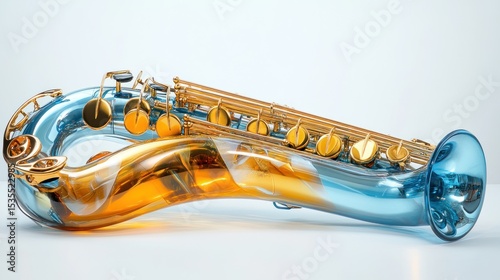 Striking studio shot of a saxophone with vibrant blue and golden artistic design