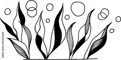 Underwater line art scene with seaweed and bubbles for nature design
