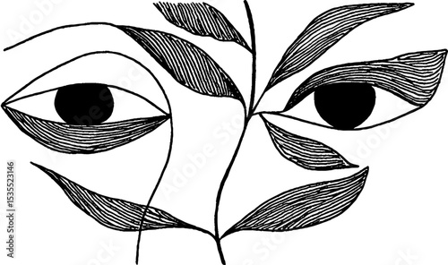 Surreal line art of eyes and leaves in vertical gradient for creative design