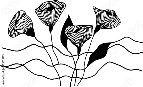 Artistic transformation: line art of waves evolving into elegant flowers for creative designs