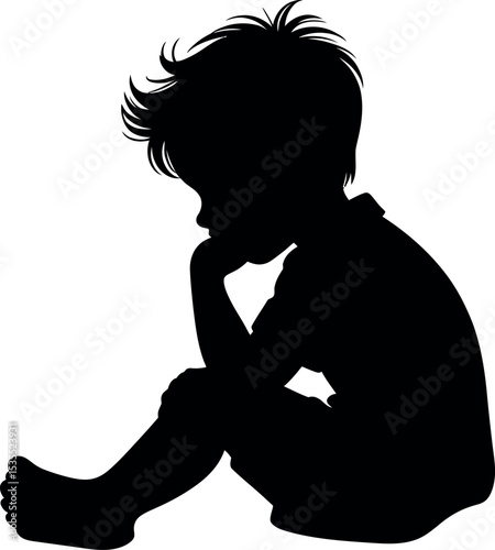 Side profile portrait silhouette of a boy sitting silhouette white background 
