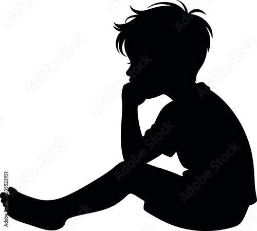 Side profile portrait silhouette of a boy sitting silhouette white background 
