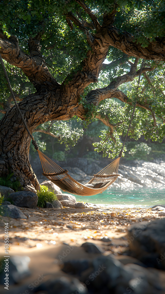 Fototapeta premium Cozy Hammock by the Tree on a Peaceful Shore