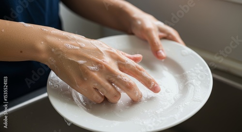 Person Washing a Plate in Sink with Soapy Water Closeup