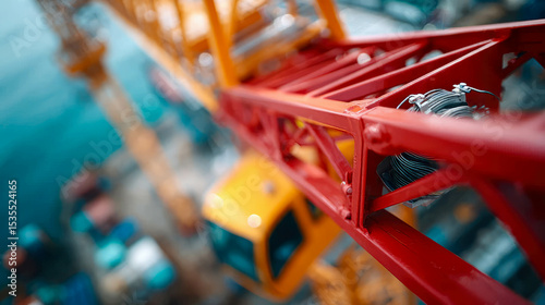 A detailed view of a vibrant red and blue tower crane at a construction site, captured from below against a dynamic city background photo