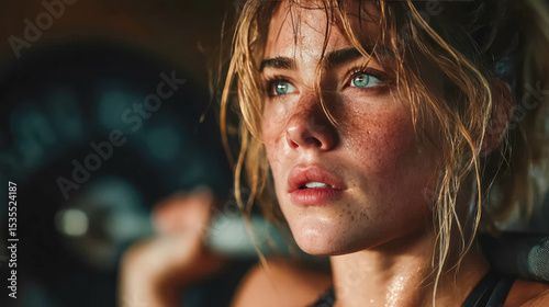 Focused woman lifting a barbell during intense gym workout, sweat on face, strength and determination in her eyes
