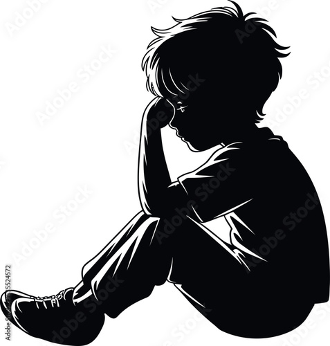 Side profile portrait silhouette of a boy sitting silhouette white background 