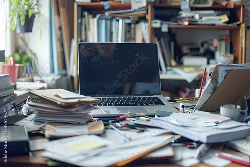 High Quality Image of View of Messy Office Workspace with Laptop
