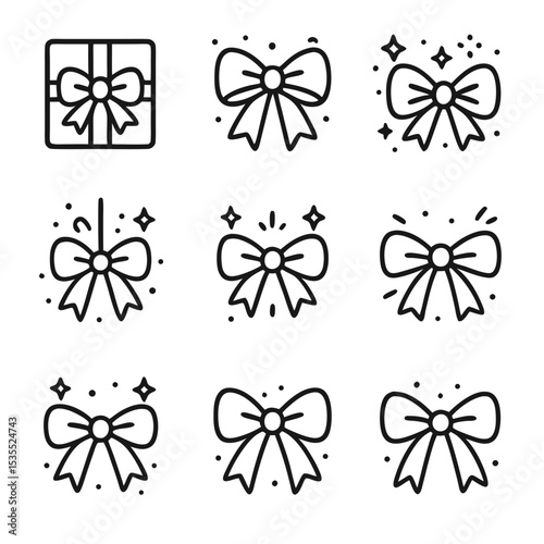 Simple bow nine elegant line drawings of decorative bows and gift boxes.