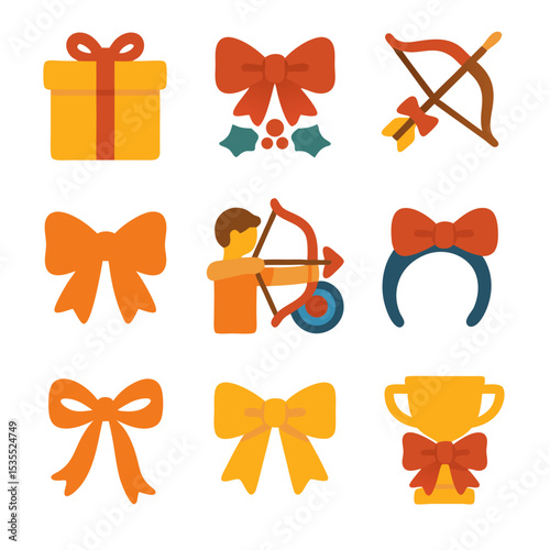 Simple bow nine colorful icons of gifts archery trophies and festive bows.