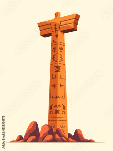  a tall ancient totem pole or pillar carved with minimal symbols from Greek, Norse, Egyptian, Aztec, Polynesian, Celtic, Hindu, and African mythology