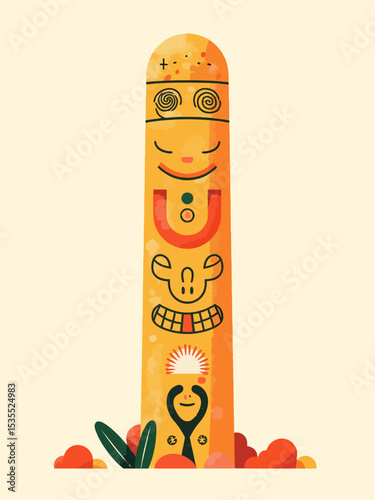  a tall ancient totem pole or pillar carved with minimal symbols from Greek, Norse, Egyptian, Aztec, Polynesian, Celtic, Hindu, and African mythology
