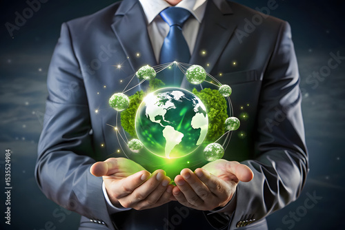 Businessman holding a glowing green earth representing environmental responsibility and sustainability
