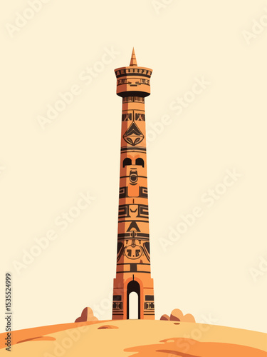  a tall ancient totem pole or pillar carved with minimal symbols from Greek, Norse, Egyptian, Aztec, Polynesian, Celtic, Hindu, and African mythology