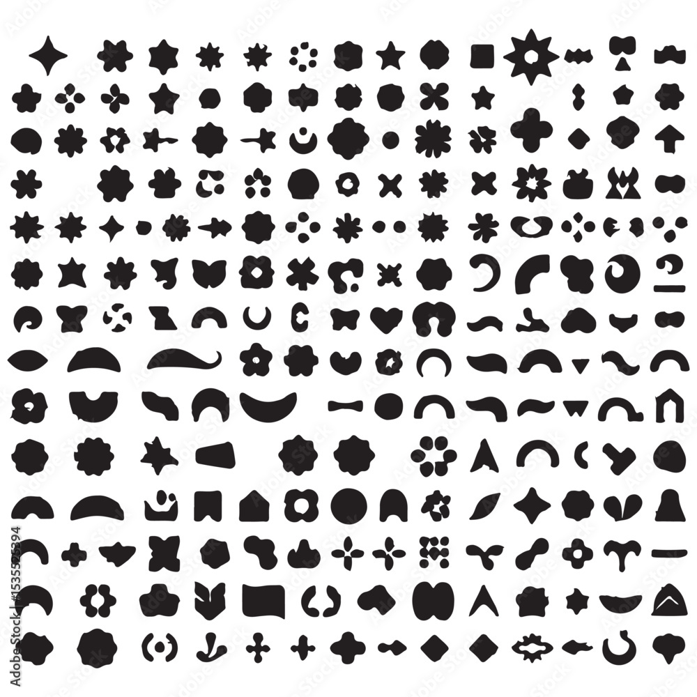 Fototapeta premium Brutalist abstract geometric shapes. Y2K Geometric design element shapes. Figures, stars, spiral flower and circles. Bauhaus memphis design geometric silhouette elements design