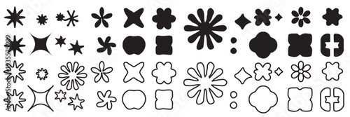 Brutalist abstract geometric shapes. Y2K Geometric design element shapes. Figures, stars, spiral flower and circles. Bauhaus memphis design geometric silhouette elements design