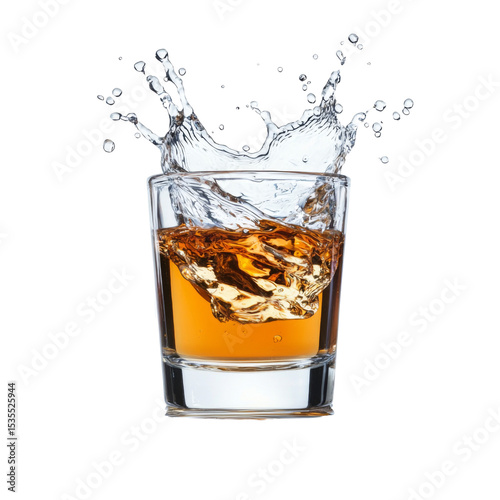 Wallpaper Mural glass of whiskey with ice splashing, creating dynamic and refreshing scene. rich amber color contrasts beautifully with clear water droplets, evoking sense of enjoyment and relaxation Torontodigital.ca