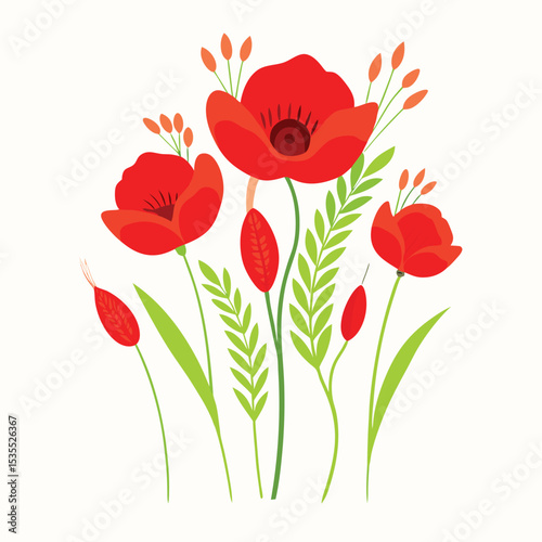Delightful vector illustration of a vibrant bouquet of red poppies and green foliage