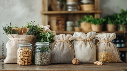 Rustic Kitchen Display with Natural Ingredients in Burlap Bags and Glass Jars, Showcasing Organic Spices and Dried Herbs