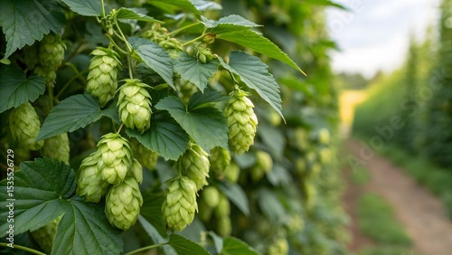 Lush green hop bines laden with ripening cones, a vibrant summer harvest scene, promising the finest brews. A picturesque hop field path leads to the distance.