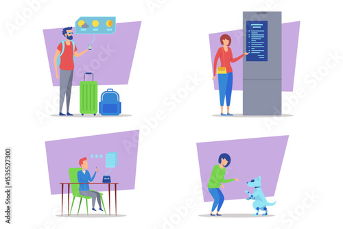 Person checking travel updates on smartphone beside luggage. Another individual studying schedule display, while third typing on laptop. Person interacting with robot dog