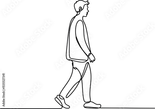 Single one line man person go far away walk alone outdoor life one line art silhouette on white background  