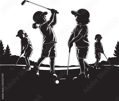 Children Playing Golf Silhouettes Kids Sports Vector Illustration