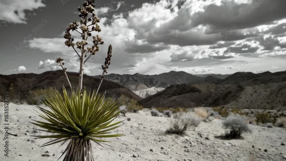 Yucca plant and arid desert landscape under a cloudy sky. Sandy ground with sparse vegetation and rolling hills in the dry wilderness.