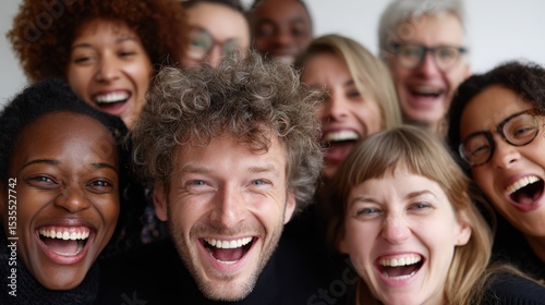 a close-up portrait of a diverse group smiling together