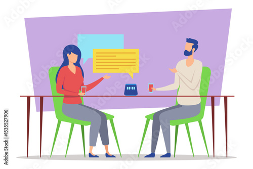 Two friends engaged in conversation at table in relaxed indoor space. People sharing drinks, exchanging ideas and enjoying each others company while seated in colorful chairs