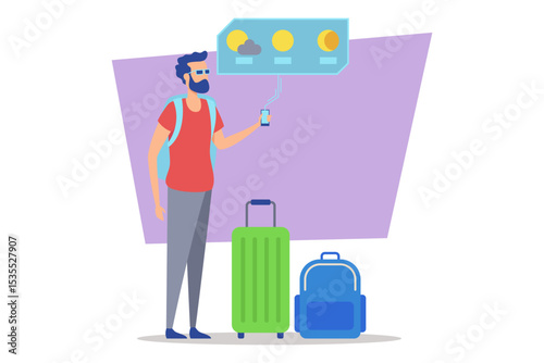 Man standing with two bags, suitcase and backpack. Man checking his phone for weather updates while preparing for his upcoming travel. Cloudy and sunny icons on  screen