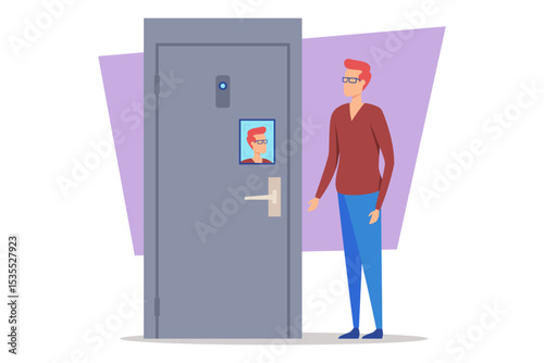 Person with glasses standing next to modern door with digital lock and camera. Door with small panel displaying persons image