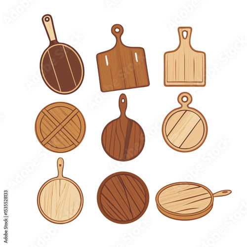 A collection of various wooden cutting boards in vector illustration style.