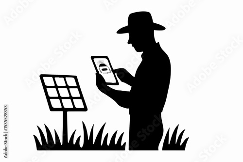 Silhouette of a farmer wearing a hat using a tablet next to a solar panel symbolizing modern agriculture renewable energy and technology integration in farming