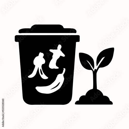 Black and White Composting Icon Depicting Food Scraps in a Bin and a Sprout Growing from Soil Symbolizing Sustainable Waste Management and Environmental Responsibility black