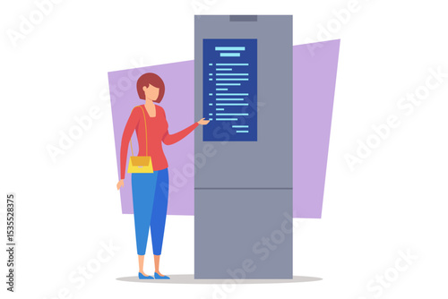 Woman standing beside fridge with digital display. Woman pointing at screen, checking its features while dressed casually