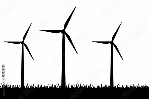 Black and White Wind Turbine Silhouette A Clean Energy Landscape Depicting Sustainability and Environmental Awareness with Windmills Standing Tall Amidst Grass Symbolizing Renewable Resources and