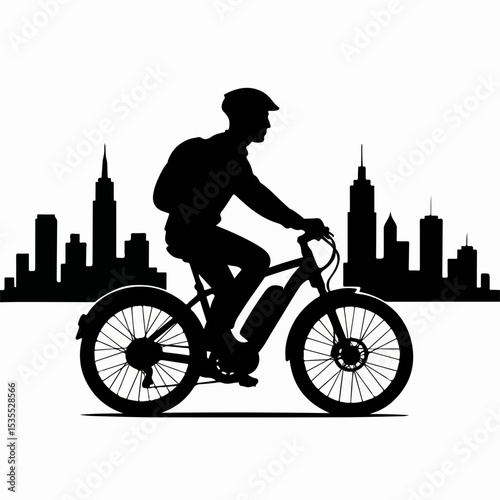 Silhouette of a cyclist riding an electric bike against a city skyline backdrop rendered in black and white conveying urban mobility and eco friendly transportation