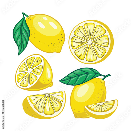Vibrant vector illustration of fresh lemons with leaves in various cuts and slices