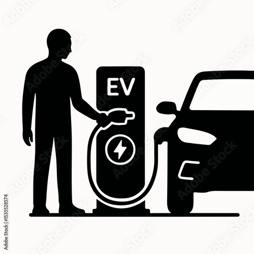 Electric Vehicle Charging Station Icon Depicting a Person Charging Their Car Representing Sustainable Transportation and the Growing Infrastructure for Electric Mobility Solutions black white icon