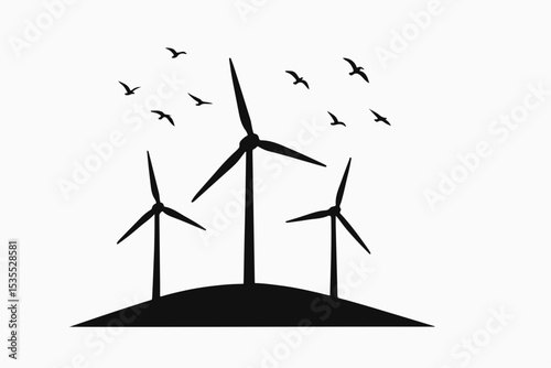 Minimalist Wind Turbine Illustration Three Black Windmills on a Hill with Silhouetted Birds Flying Overhead Against a White Background Representing Clean Energy and Environmental Awareness