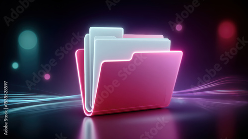 Digital folder icons data transfer concept with glowing folder icon in neon light and abstract background