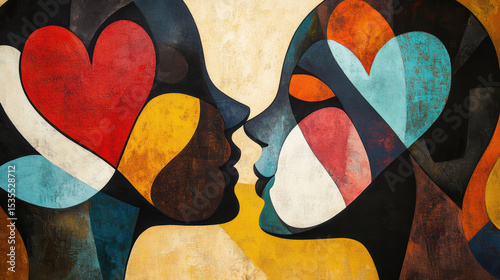 Abstract colorful mural art featu silhouettes of diverse human faces and hearts conveying love unity diversity and emotional connection in urban setting