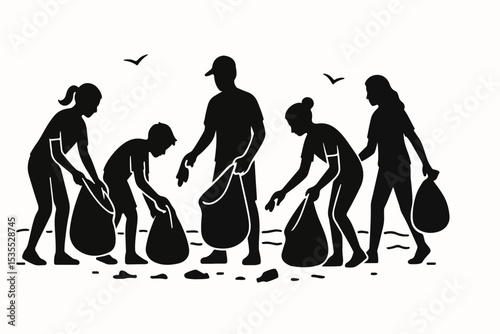 A group of people are cleaning up trash on a beach filling bags with litter in a black and white silhouette image with birds flying