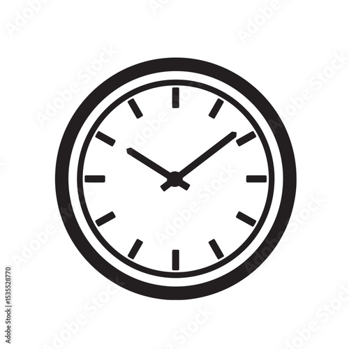 A simple black and white clock face displaying the time suitable for a variety of time related concepts